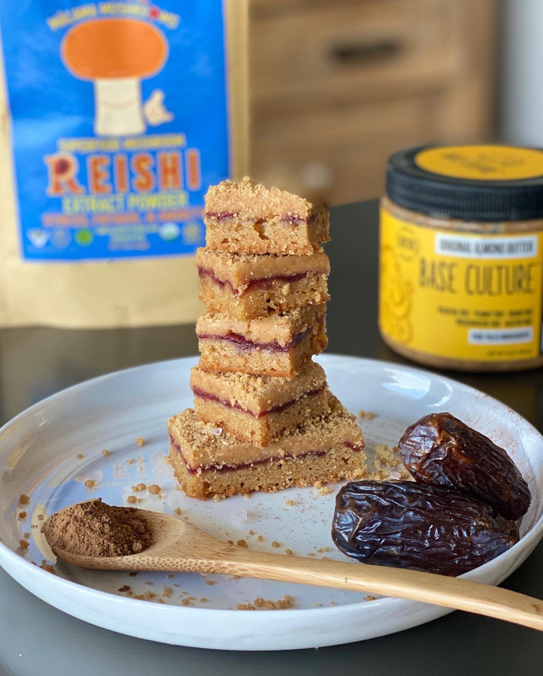No Bake Almond Butter + Reishi Chia Jam Bars