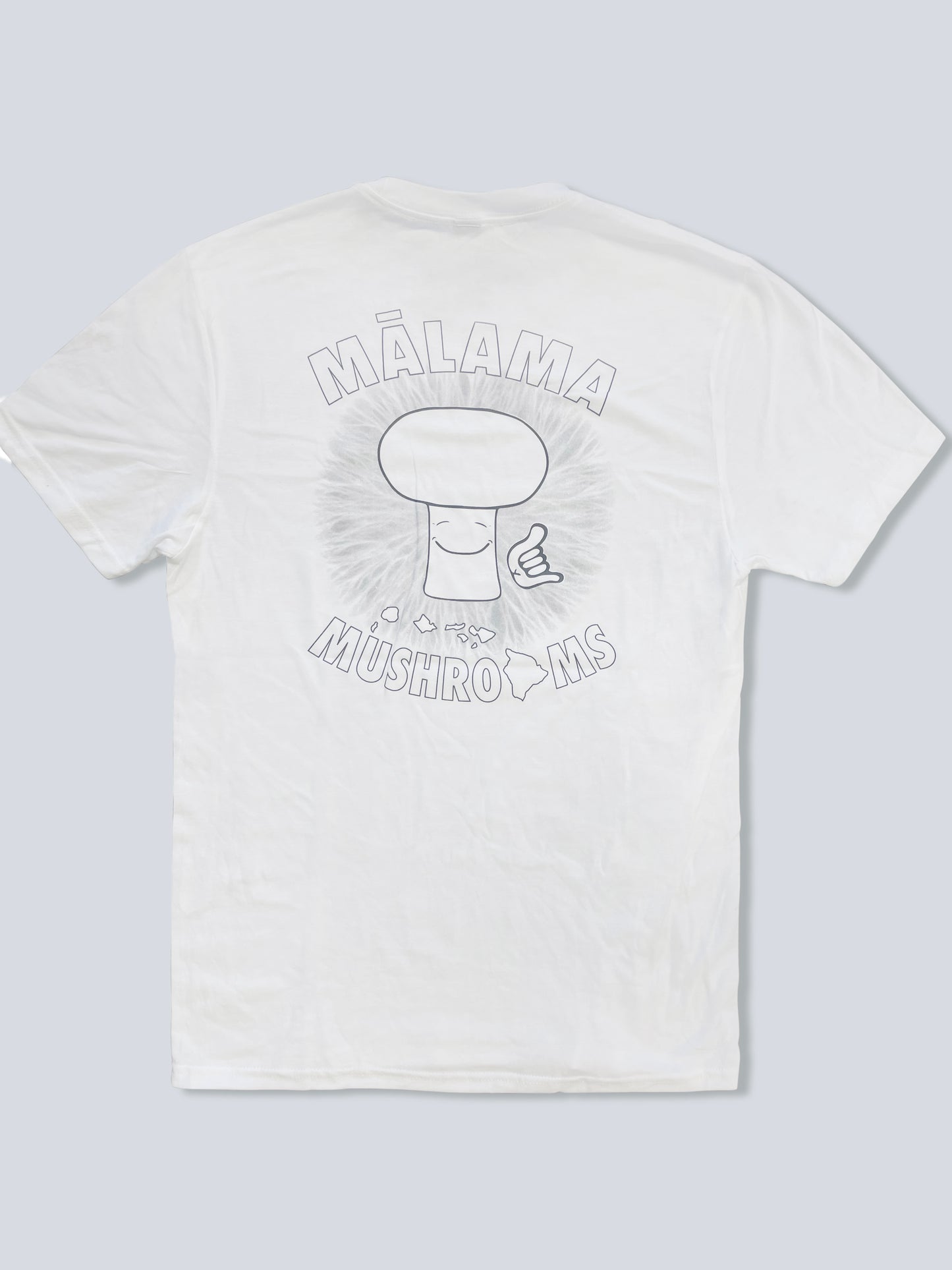 Mālama Merch:  T-Shirt (Funguy Logo front left & large back graphic) (white)
